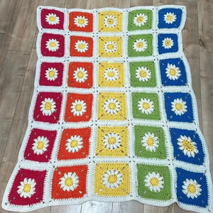 Vintage Floral Granny Square Crochet Hand Knit Throw Blanket Retro Colorful